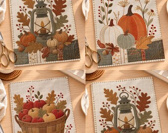 Autumn Harvest Wall Art Set of 4, Rustic Linen Applique Prints, Pumpkin and Lantern Fall Decor, Vintage Farmhouse Printable Digital Download
