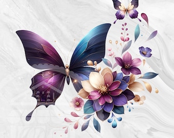 Butterfly Floral Sublimation Png, Boho Butterfly Clipart Digital Design, Purple Blue Butterfly Digital Download File, Digital Download PNG