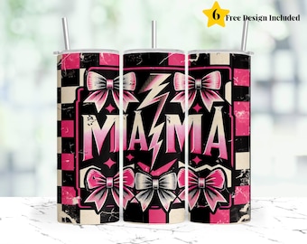 May include: Three stainless steel tumblers with lids and straws. Each tumbler features a black background with a pink and white design. The design includes the word "MAMA" in pink, lightning bolts, and pink bows. The tumblers have a distressed, vintage look.