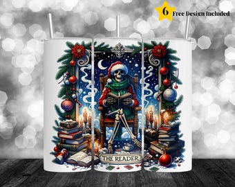 Christmas Skeleton Tumbler Wrap PNG, Gothic Holiday 20oz Skinny Tumbler Sublimation, Dark Academia Skeleton Reader Winter Design