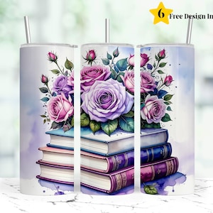 Book Lover  20 oz Skinny Tumbler Sublimation Design Digital Download PNG Instant DIGITAL ONLY, Book Tumbler Wrap, Pastel Rose Book Tumbler