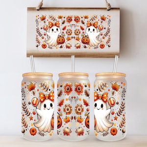 Autumn Fall Pumpkin Ghost UVDTF 16oz Glass Cup Wrap Png, Sublimation Design, 16oz Glass Cup Png, Retro Fall, Trendy Bow Autumn Ghost Png