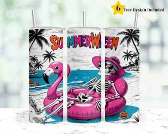 Summerween Tumbler Wrap, Skeleton Flamingo Float Beach Halloween 20 oz Skinny Tumbler Sublimation Design, Spooky Digital Download PNG