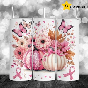 Pink Pumpkin Ribbon Awareness Breast Cancer Tumbler Wrap 20 oz Skinny Tumbler Sublimation Design Digital Download PNG Instant