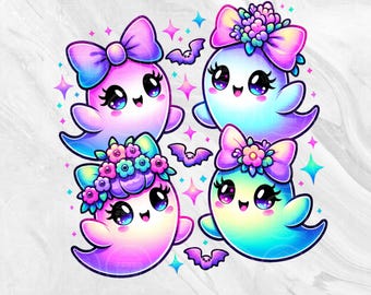 Pastel kawaii Ghost PNG, Cute Halloween Ghosts Bow PNG, Coquette Halloween Ghost Bow PNG, Iridescent Ghost Png, Girly Halloween Clipart