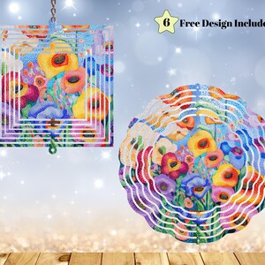 May include: Two colorful, floral-themed wind spinners. One is square with a layered design, the other is circular. Both feature vibrant yellow, red, purple, and blue flowers. The text "6 Free Design Included" is visible.