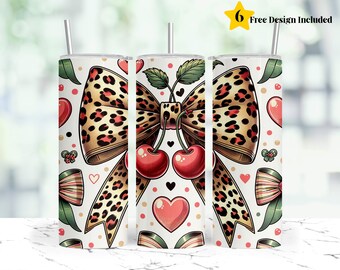 Envoltura para vaso de cereza y guepardo, diseño de sublimación para vaso delgado Coquette de 20 oz con estampado de leopardo, descarga digital PNG de Coquette Cherry