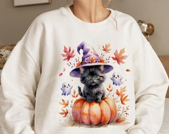 カットされた黒猫ハロウィンPNG、ハロウィン猫PNG、ハロウィン昇華PNG、カボチャと猫PNG、猫とかわいいハロウィンゴーストPNG