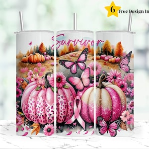 Pink Pumpkin Ribbon Awareness Breast Cancer Survivor Tumbler Wrap 20 oz Skinny Tumbler Sublimation Design Digital Download PNG Instant