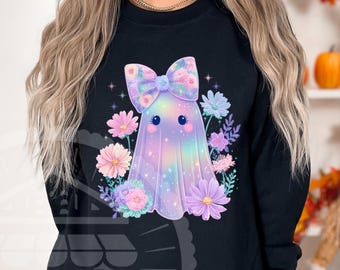 Iridescent Ghost Png, Coquette Iridescent Ghost PNG, Floral Pastel Ghost PNG, Coquette Halloween Ghost Bow PNG, Girly Rainbow Halloween Png