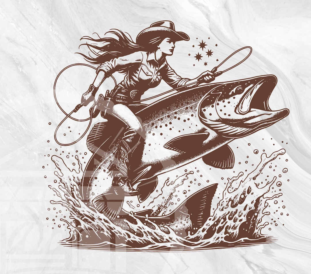 Cowboy Riding a Fish PNG, Cowgirl Tattoo Vintage Shirt, Funny Western ...