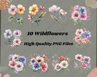 10 Wildflower PNG Clipart, Watercolor Floral PNGs, Digital Flower Bundle, Watercolor Clipart, Sublimation PNG, Digital Download