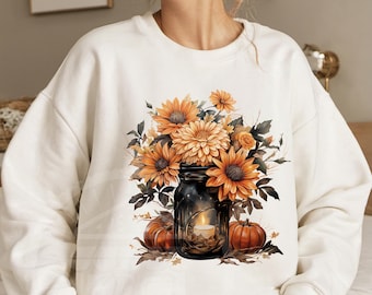 Fall Flowers Candle PNG, Pumpkin and Glass Jar Sublimation Design, Autumn Floral Clipart, Rustic Fall PNG Digital Download