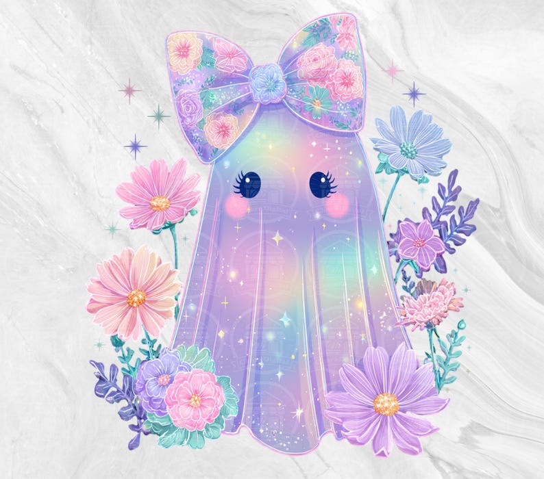 Pode incluir: Ilustra&ccedil;&atilde;o de um fantasma pastel com um grande la&ccedil;o adornado com flores. O fantasma &eacute; rodeado por v&aacute;rias flores em tons de rosa, roxo e azul. O fundo tem uma textura marmoreada.