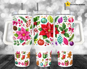 Christmas Tumbler Wrap PNG Digital Download for 40 oz Tumbler, Colorful Poinsettia Holiday Sublimation Tumbler Design, Christmas Wrap