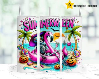 Summerween Tumbler Wrap, Flamingo Float Beach Halloween 20 oz Skinny Tumbler Sublimation Design, Spooky Sublimation Digital Download PNG