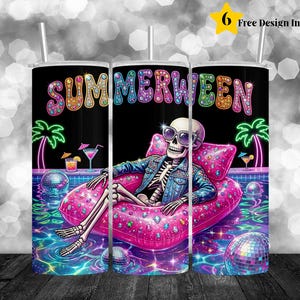 May include: A black tumbler with a vibrant "Summerween" design. The design features a skeleton in sunglasses relaxing on a pink inflatable in a pool, surrounded by disco balls and palm trees. The tumbler includes a straw.
