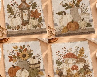 Fall Wall Art Set of 4, Autumn Pumpkin Printable, Rustic Linen Applique Art, Vintage Harvest Decor, Cottage Farmhouse Digital Download