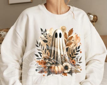 Boho spook met pompoen PNG, herfst bloemen Halloween-sublimatie, gezellige herfst spook clipart, aquarel Halloween PNG, rustieke spookachtige seizoen kunst