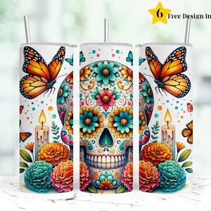 Sugar Skull Tumbler Wrap PNG, Day of the Dead Floral Skull Sublimation Design, Dia de los Muertos 20 oz Skinny Tumbler Digital Download