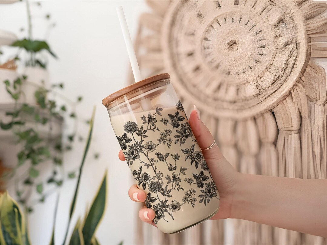 Black Floral Toile Glass Can Cup With Bamboo Lid and Straw, Vintage ...