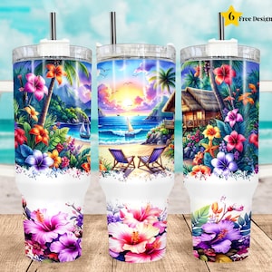 Tropical Hibiscus Beach 40oz Tumbler Wrap PNG, Summer Sunset Floral Tumbler Design, Vacation Tumbler with Handle Wrap Digital Download