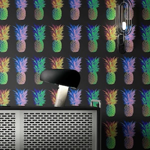 Carta da parati funky con motivo ANANAS, carta da parati pop art al neon staccabile e attaccabile o in tessuto non tessuto, carta da parati autoadesiva rimovibile retrò con accenti scuri