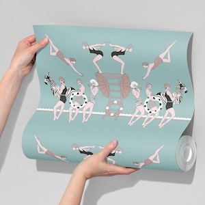 Carta da parati art déco SWIMMERS, acquamarina sbiadita, glamour anni '20 ruggenti, accento per la casa art déco, parete art déco, rimovibile, stacca e attacca o tessuto non tessuto