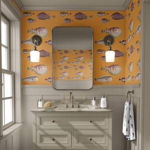 Behang oceaanvissen | Vintage Sea Life-patroon in mosterdgeel | Retro nautische wanddecoratie
