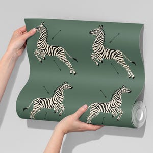 Carta da parati staccabile e attaccabile con motivo zebra volante verde, carta da parati rimovibile con motivo zebra retrò, carta da parati rimovibile con motivo zebra saltante o tessuto non tessuto