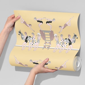 Carta da parati art déco SWIMMERS, limone tenue, glamour anni '20, accento per la casa art déco, parete art déco, rimovibile, stacca e attacca o tessuto non tessuto