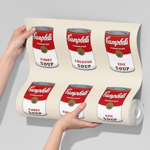 Carta da parati pop art funky con zuppa in scatola, bianca sporca, staccabile e attaccabile o non tessuta, carta da parati autoadesiva rimovibile con lattine di zuppa retrò