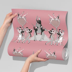 Carta da parati di design DECO DANCE rosa pappagallo, carta da parati glamour anni '20 ruggenti, decorazione per la casa art déco, rimovibile, stacca e attacca o non tessuto