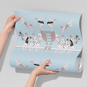 Carta da parati art déco SWIMMERS azzurro polvere, glamour anni '20 ruggenti, decorazione d'interni art déco, parete art déco, rimovibile, stacca e attacca o tessuto non tessuto