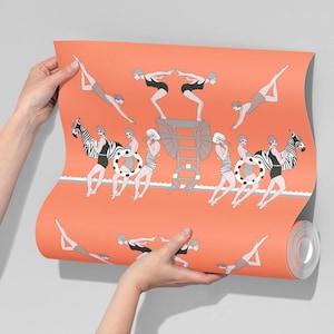 Carta da parati art déco SWIMMERS corallo, glamour anni '20 ruggenti, accenti art déco per la casa, parete art déco, rimovibile, stacca e attacca o tessuto non tessuto