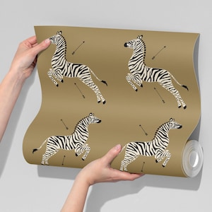 Carta da parati adesiva retrò con motivo zebra volante in oro, carta da parati vintage con motivo zebra, carta da parati adesiva con motivo zebra saltante rimovibile o in tessuto non tessuto
