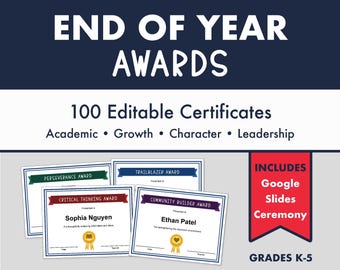 Edytowalne certyfikaty na koniec roku, 100 szablonów nagród dla uczniów, automatyczne uzupełnianie, ceremonia w Google Slides, materiały do druku dla nauczycieli klas K-5