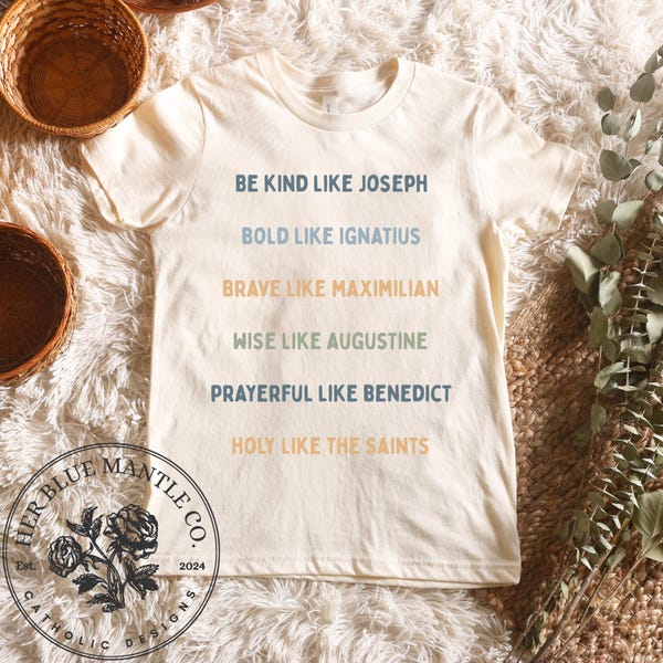 Be Saints Minimalist Catholic Saints T-shirt for Toddler Boys Girls and Youth, Gift for Son, Daughter, Godchild, First Communion, or Baptism