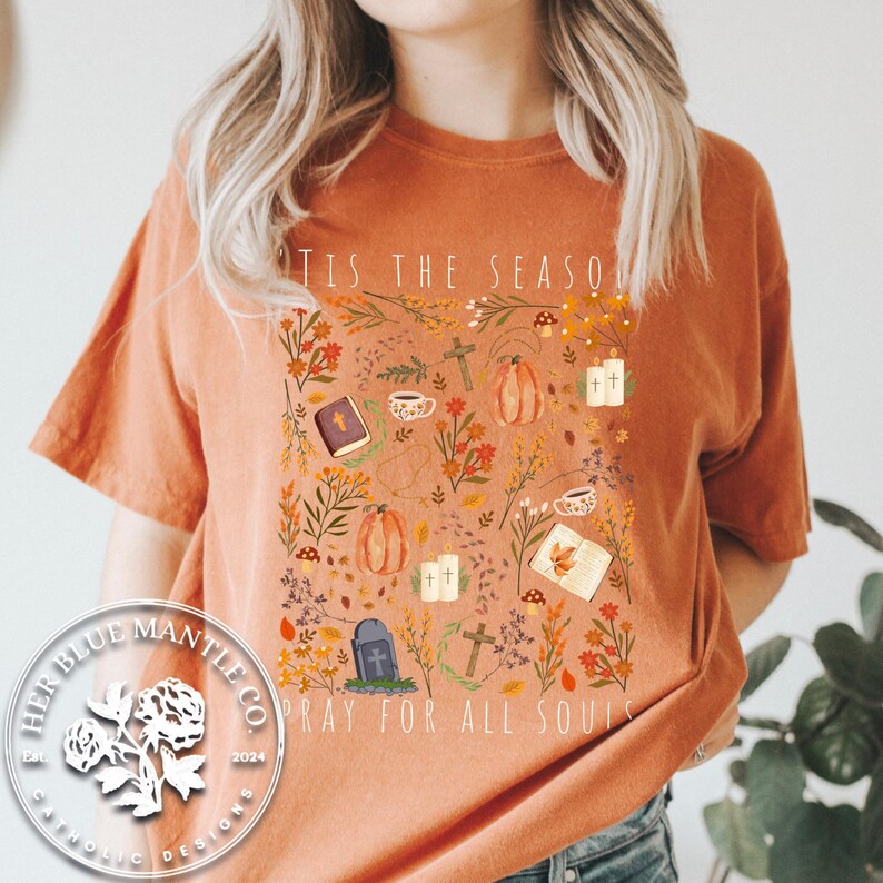 All Souls Day Catholic Shirt, All Hallows Eve Tshirt, Halloween Catholic Gift Tee, Fall Catholic Comfort Colors Shirt for Women, Autumn image 6