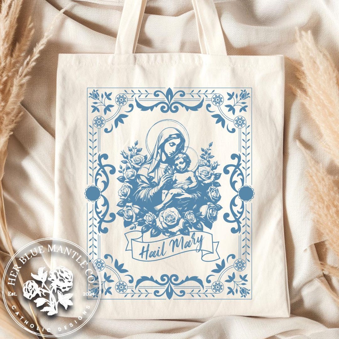 Catholic Tote Bag, Virgin Mary Floral Bag With Hail Mary Prayer ...
