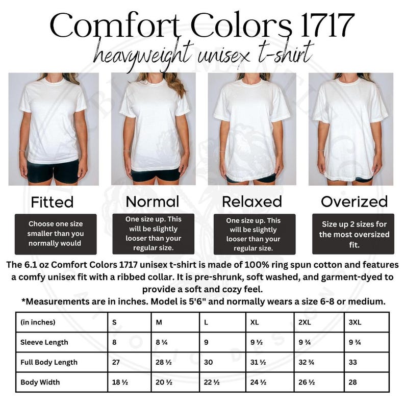May include: A size chart for Comfort Colors 1717 unisex t-shirts. The chart shows the measurements in inches for sleeve length, full body length, and body width for sizes S, M, L, XL, 2XL, and 3XL. The chart also includes descriptions of the fit for each size: Fitted, Normal, Relaxed, and Oversized.