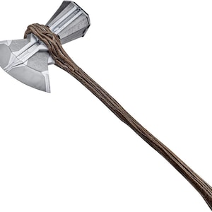 May include: A silver axe with a brown wooden handle. The axe head has a unique, angular design.