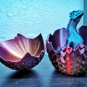 May include: A purple and red dragon egg with a blue dragon hatching out of it. The egg is cracked open and the dragon is sitting inside.