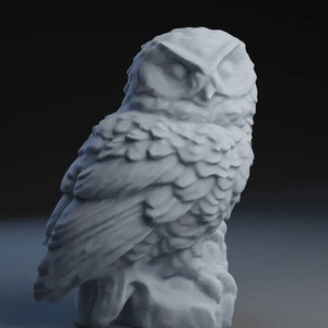 May include: A white ceramic owl sculpture with detailed feathers and a perched pose. The owl has a rounded head and a beak.