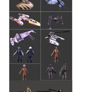 May include: A collection of 3D models of various science fiction vehicles and characters. The image includes starfighters, walkers, and figures in pilot and armor suits. The color palette includes shades of gray, white, orange, and yellow.