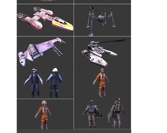 Könnte beinhalten: Eine Sammlung von 3D-Modellen verschiedener Science-Fiction-Fahrzeuge und -Charaktere. Das Bild zeigt Sternjäger, Walker und Figuren in Piloten- und Rüstungsanzügen. Die Farbpalette umfasst Grautöne, Weiß, Orange und Gelb.