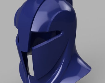 Puede incluir: Un casco de plástico azul con una cresta puntiaguda y una visera. El casco tiene un acabado liso y brillante.