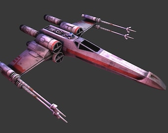 Puede incluir: Una nave espacial X-wing blanca y roja con una cabina y dos juegos de alas. La nave espacial tiene un aspecto desgastado y está volando en el aire.
