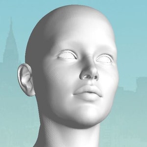 May include: A close-up of a person's face, with a neutral expression. The face is white and smooth, with no visible blemishes or wrinkles. The person's eyes are closed, and their lips are slightly parted. The background is a light blue color.