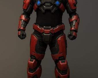 Peut inclure: Figurine d'action d'un soldat futuriste en armure rouge et noire. Le casque a une visière bleue. La figurine est posée avec les bras le long du corps. L'armure présente des panneaux détaillés sur fond gris.